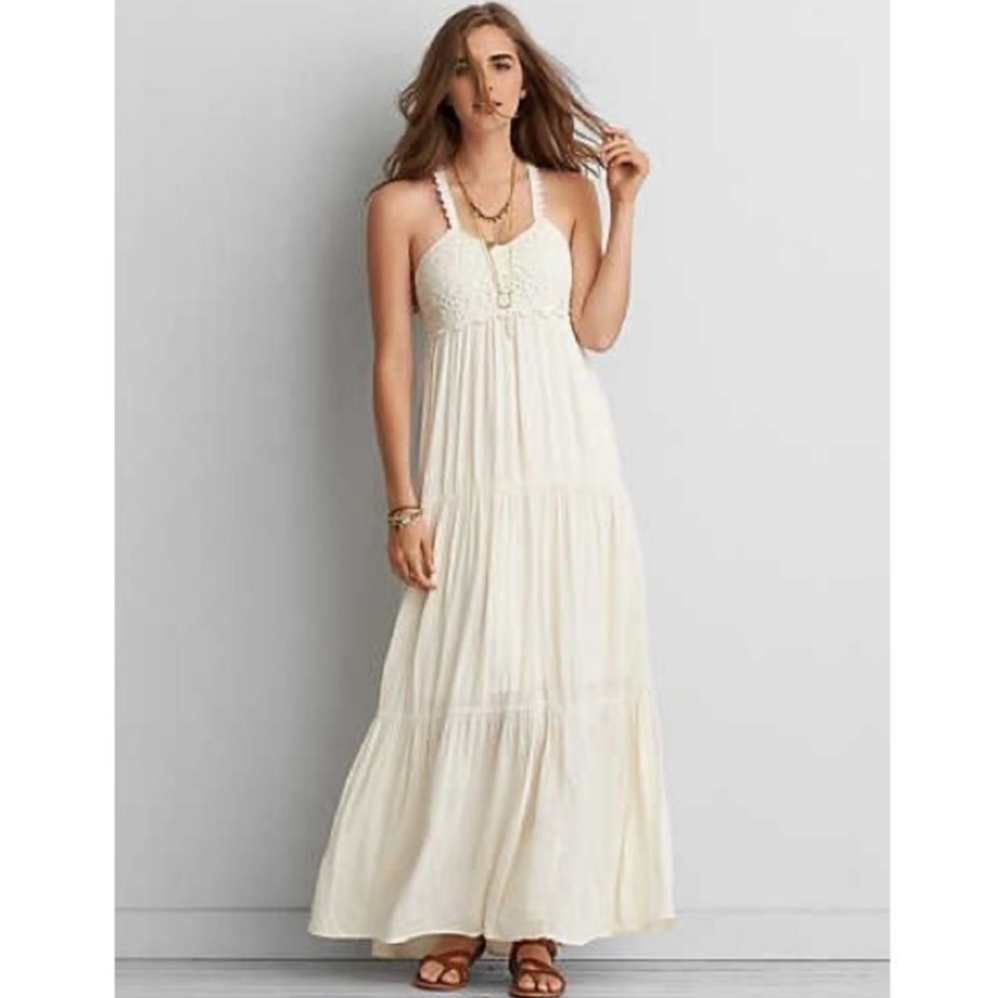 American Eagle Outfitters Cream Chrochet Maxi Dress Large
